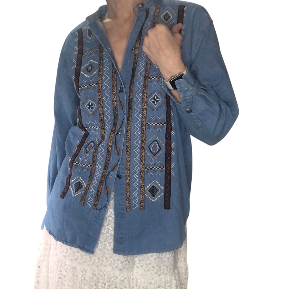 Vintage Sigrid Olsen Embroidered Denim Shirt Top Sz M Western Aztec Boho Retro